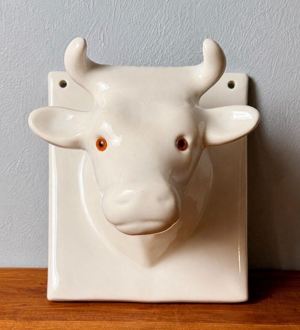 Vintage Ceramic Cow Head Wall Hook | White Bull Towel Apron Hanger | Farmhouse
